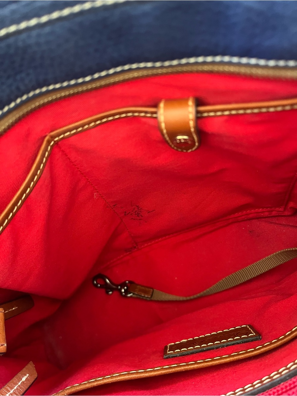 Dooney & Bourke Navy Leather Shoulder Tote with Brown Straps - Picture 4 of 5